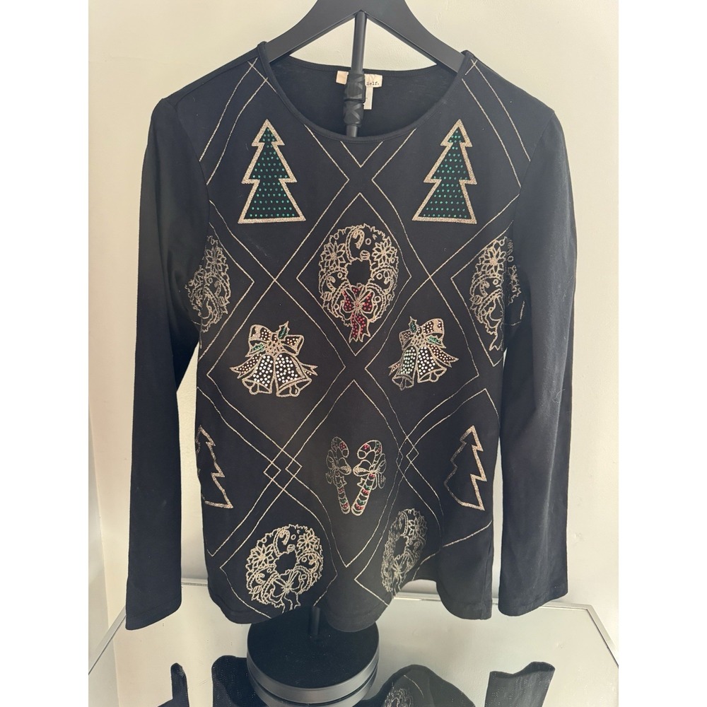 Tru Self Black Festive Embellished Holiday Top Sz L Wreath Bells Tree Casual Tee